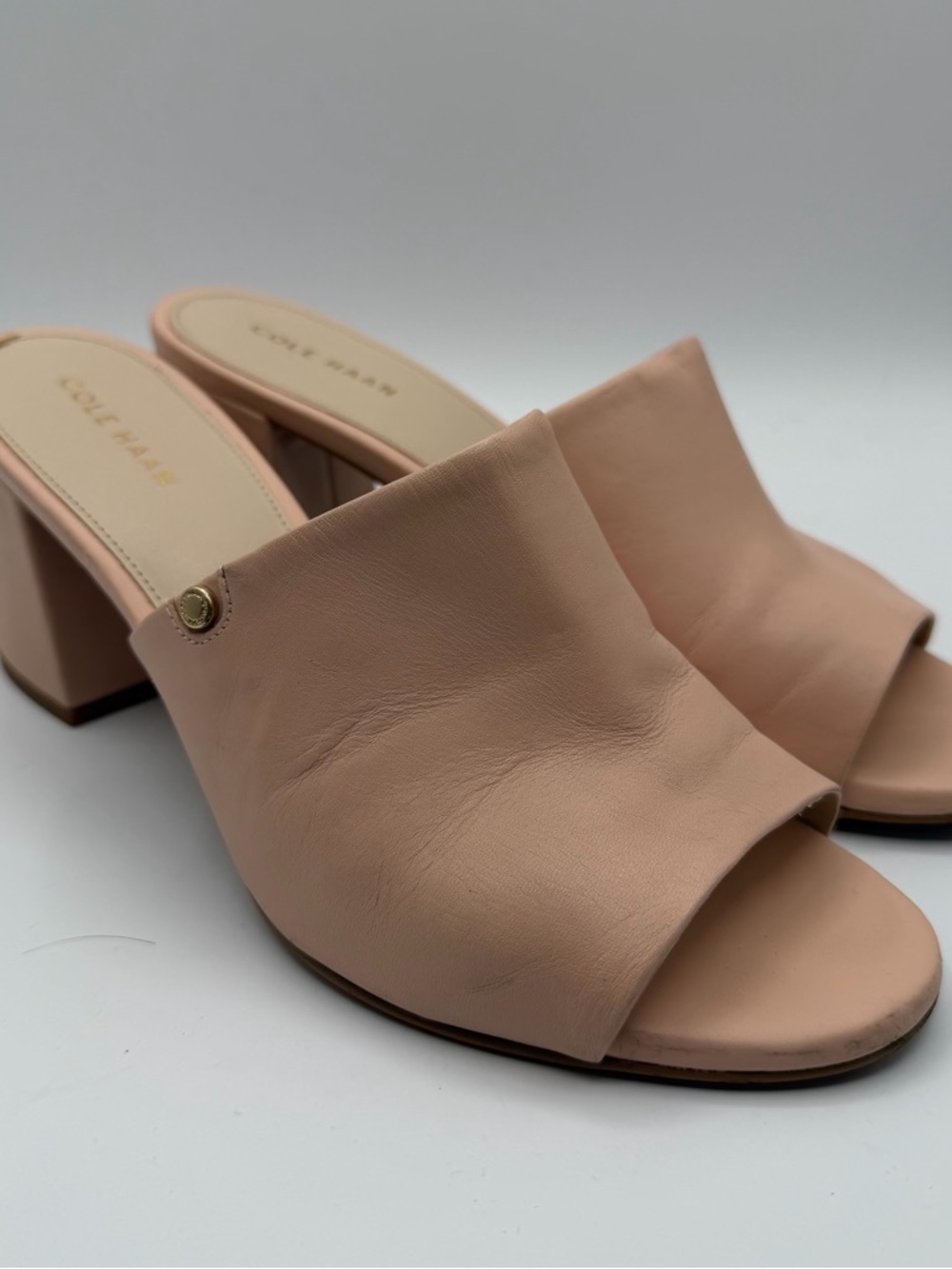 Cole Haan Leather Mules Womens 7.5B Blush Pink Block Heel Open Toe Slides